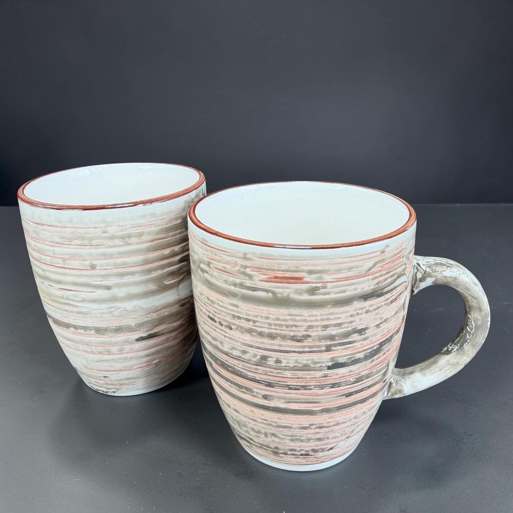 Vancasso Stoneware Coffee Mugs Set of 2 Brown Tan Hand Painted Spiral Rustic 4in